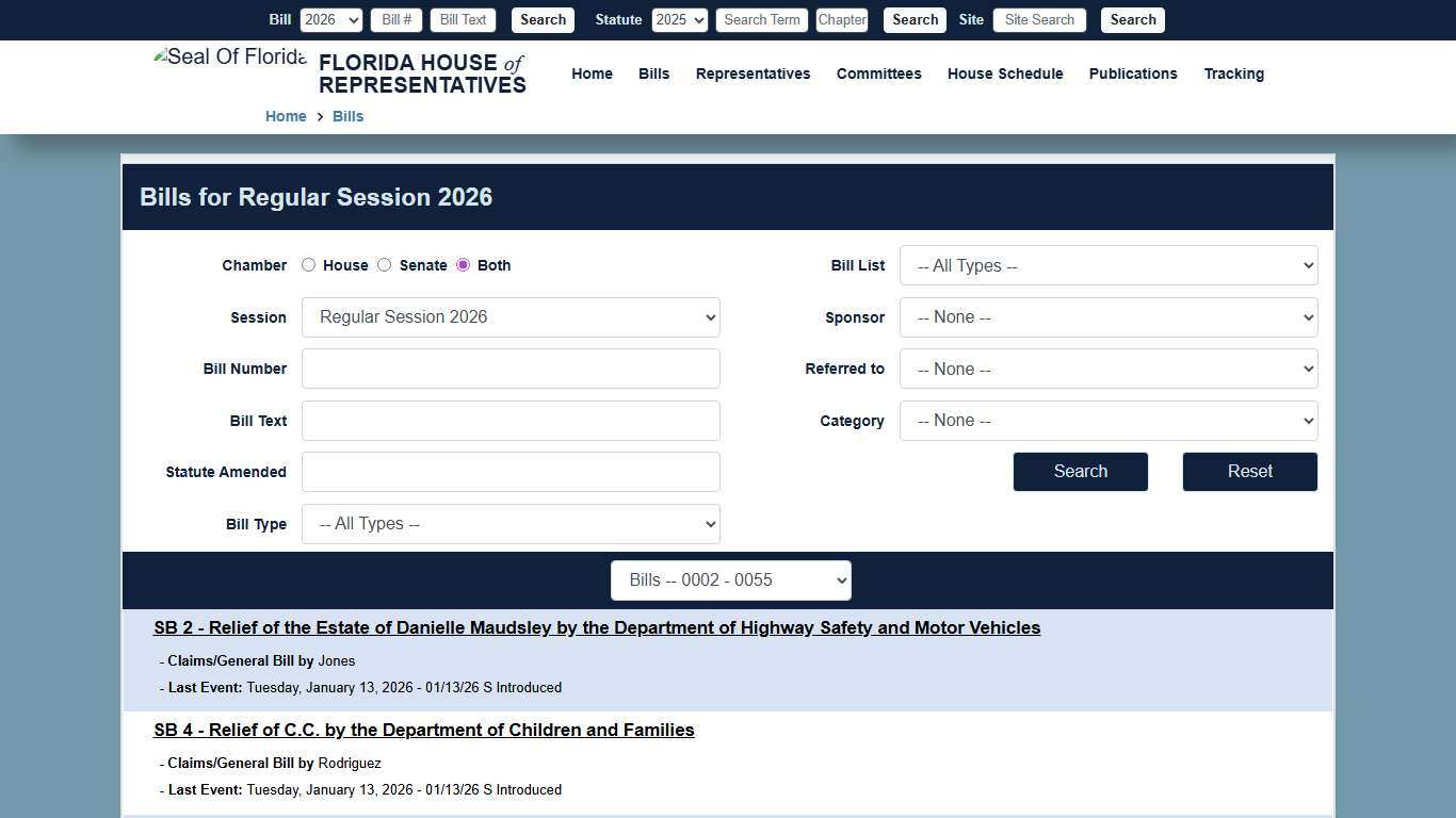 Bills for the Regular Session 2026 Florida House of Representatives