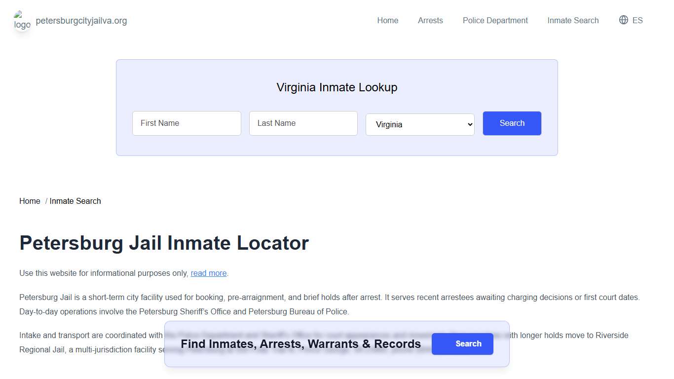 Petersburg, VA Municipal Jail Inmate Search